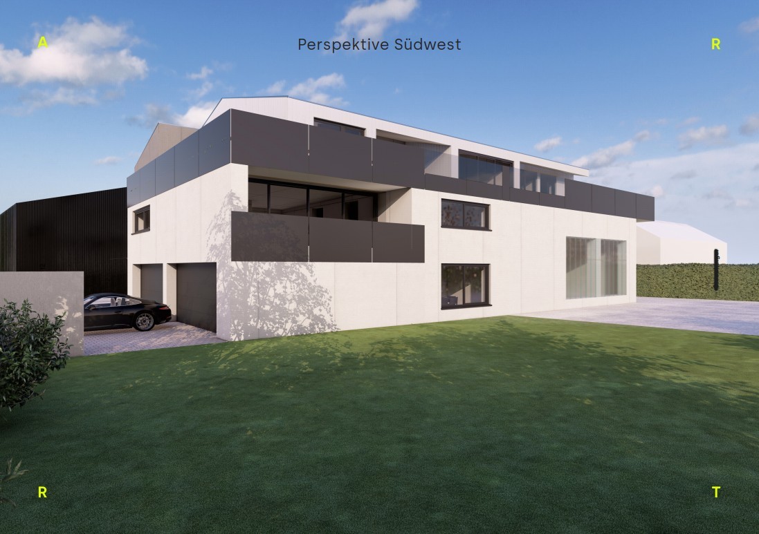 Modernes, zweistöckiges Haus mit großen Fenstern und großzügigem Garten.